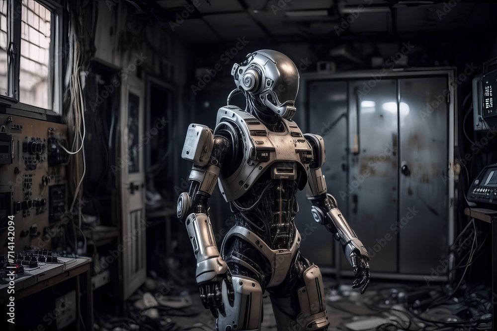 cyborg robot in a abandoned room created with generative AI software. cyborg robot in a abandoned room created with generative AI software.