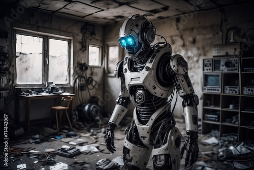cyborg robot in a abandoned room created with generative AI software.