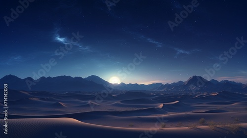 A starlit desert landscape with sand dunes and a clear night sky, showcasing the quiet and majestic nighttime desert scenery - Generative AI