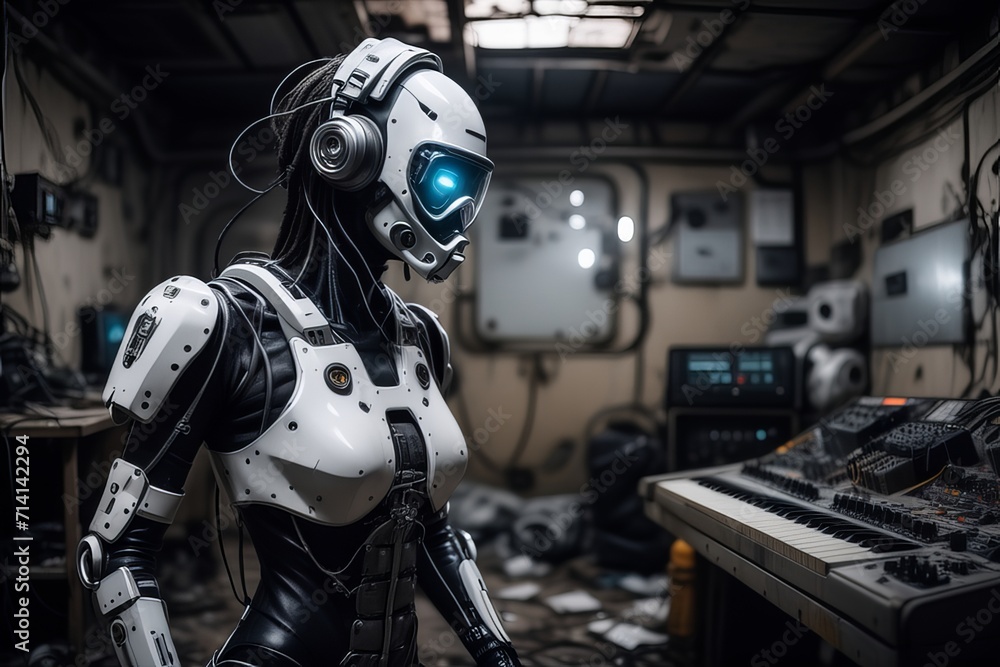 cyborg robot in a abandoned room created with generative AI software. cyborg robot in a abandoned room created with generative AI software.