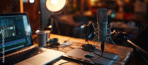 Podcast setup with microphone, laptop, and lamp on close-up table in a home studio. photo