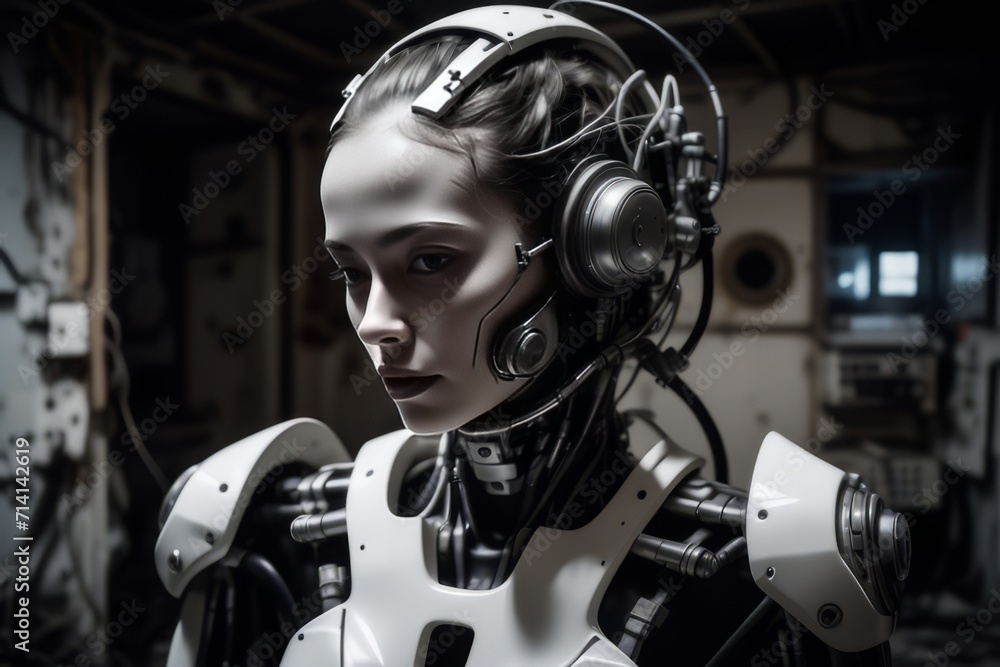 cyborg robot in a abandoned room created with generative AI software. cyborg robot in a abandoned room created with generative AI software.