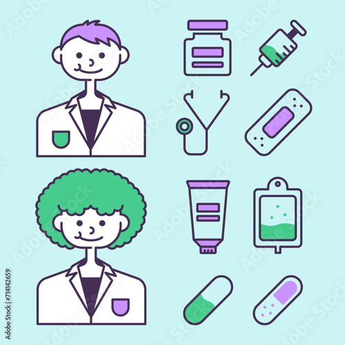 Illustration on a medical theme on a blue background. Vector set of elements of medical supplies and two characters of medical workers. Doctors image in flat style.