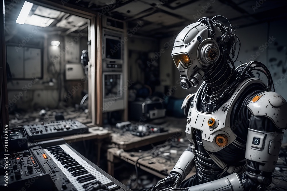 cyborg robot in a abandoned room created with generative AI software. cyborg robot in a abandoned room created with generative AI software.