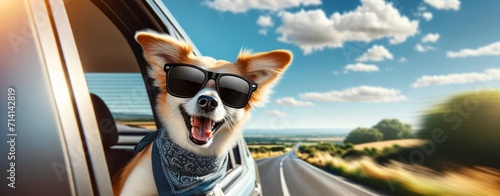 a happy dog with sunglasses on, sticking its head out of a car window © CHOI POO