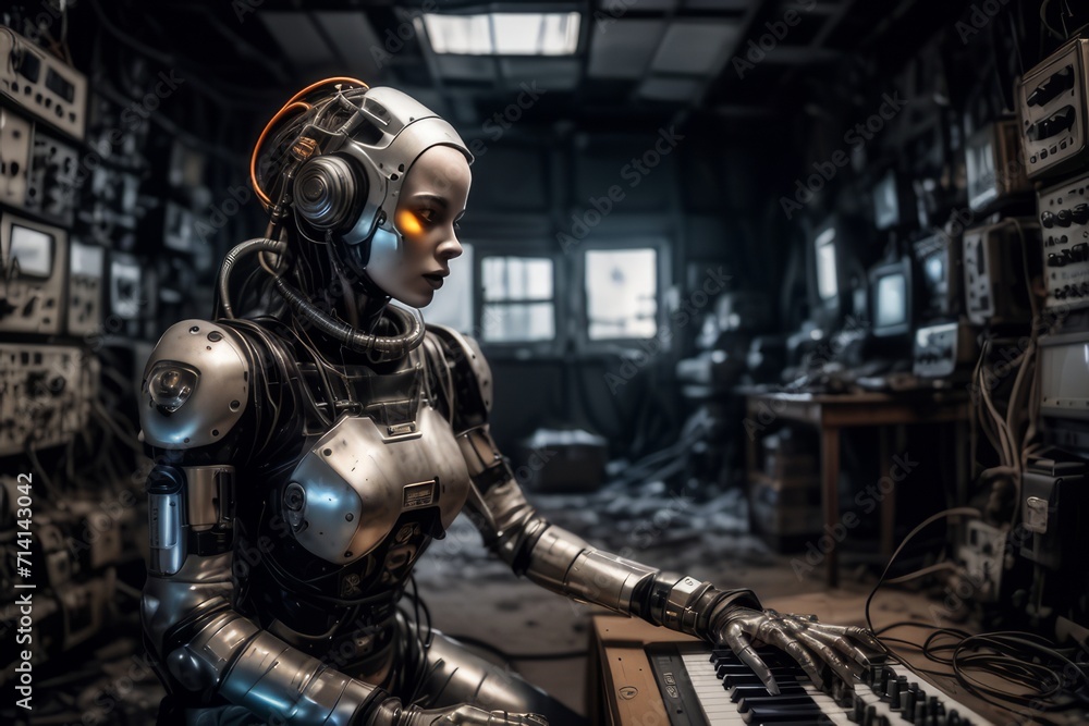 cyborg robot in a abandoned room created with generative AI software. cyborg robot in a abandoned room created with generative AI software.