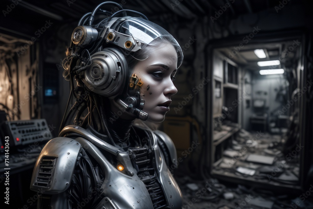 cyborg robot in a abandoned room created with generative AI software. cyborg robot in a abandoned room created with generative AI software.
