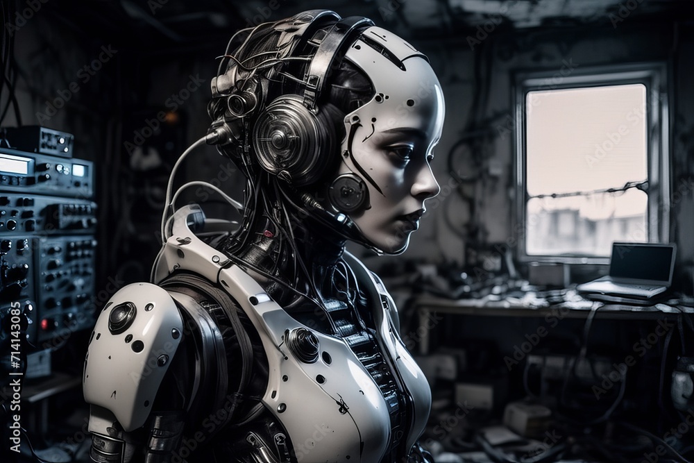 cyborg robot in a abandoned room created with generative AI software. cyborg robot in a abandoned room created with generative AI software.