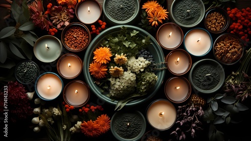 A top view of a candle display with a mix of earthy tones like burnt orange, olive green, and warm brown, bringing a cozy feel to the room