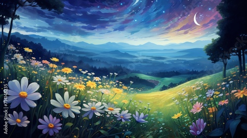 A starry night over a countryside filled with blooming flowers, showcasing the serene and ethereal beauty of a nighttime floral landscape. - Generative AI