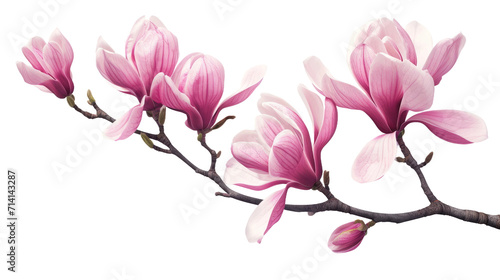 Beautiful pink spring magnolia flowers on a tree branch isolated on transparent