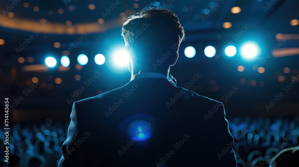 CEO from the back side camera shot and facing the audience, giving speech holding a microphone under the spot light, looking at the audience, corporate, elegant, blue light. - obrazy, fototapety, plakaty 