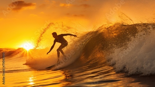 Silhouette of a surfer on a wave against a stunning sunset backdrop, evoking adventure and freedom.