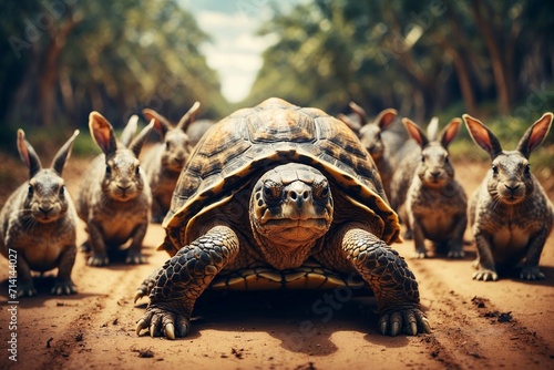 A majestic tortoise with group of energetic rabbits, all ready to begin the race. photo