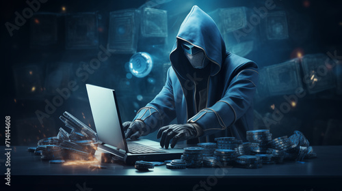 A person wearing a mask engages in cybercrime,
working on a laptop to steal information and commit online fraud, reflecting the dangerous intersection of technology and criminal activity. photo