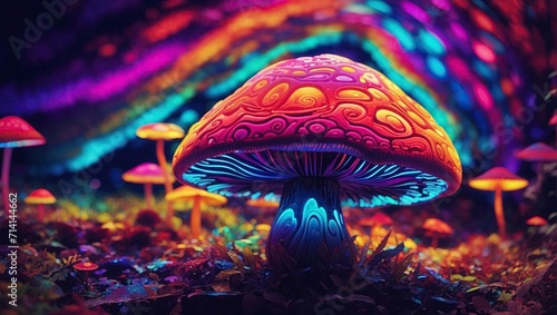 3d render of magic mushroom in the forest with colorful bokeh
