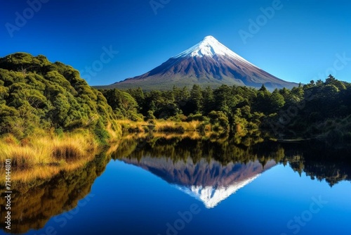 A stunning reflection of Mount Taranaki in Mirror Lake, located in New Zealand. Generative AI
