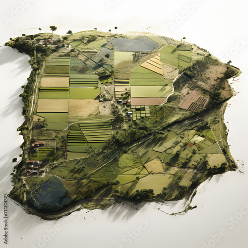Aerial view of a patchwork of farmlands isolated on white background, vintage, png 