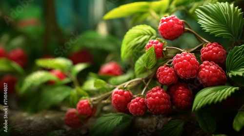 A stunningly realistic raspberry patch with ripe  red berries nestled among the green leaves  capturing their delicate form - Generative AI