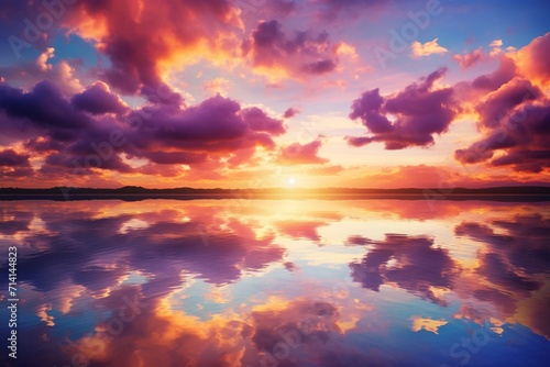 A picturesque sunset unfolds above the calm lake, where the sky is adorned with pink and purple clouds, and the horizon exudes a sense of serenity. Created with generative AI tools © Oleksii