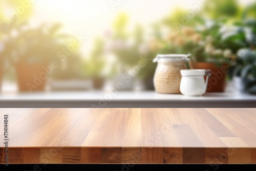 Against a softly defocused kitchen background, a wooden table surface becomes an ideal choice for showcasing products or creating design mockups. Created with generative AI tools