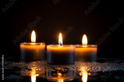 Against an abstract black background, three candles burn brightly in a close-up shot, evoking a contemplative celebration mood. festive concept, space for message. Created with generative AI tools