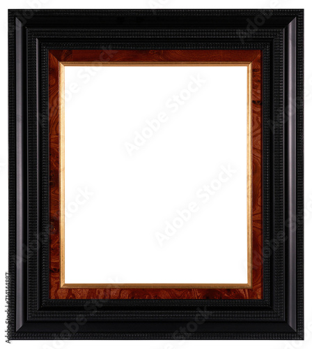 Black picture frame with gold insert on a transparent background, in PNG format. © andrew7726