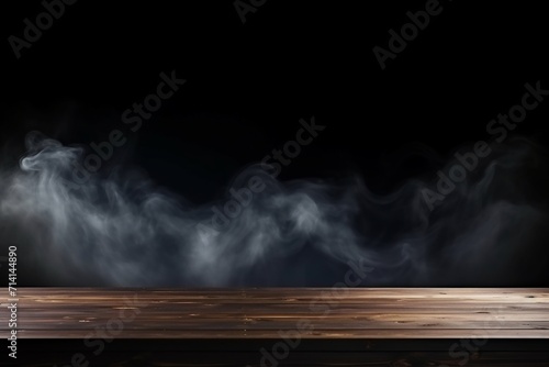 Amidst a dark atmosphere, an empty wooden table is graced by ascending smoke, providing space for displaying your products. Created with generative AI tools