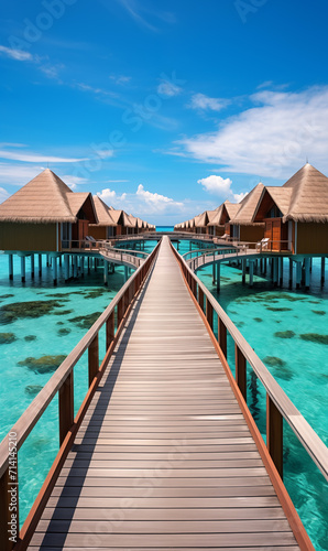 Overwater bungalow in the Indian Ocean. Tropical Maldives. Summer vacation on a tropical island with beautiful beach and palm trees © Pakhnyushchyy