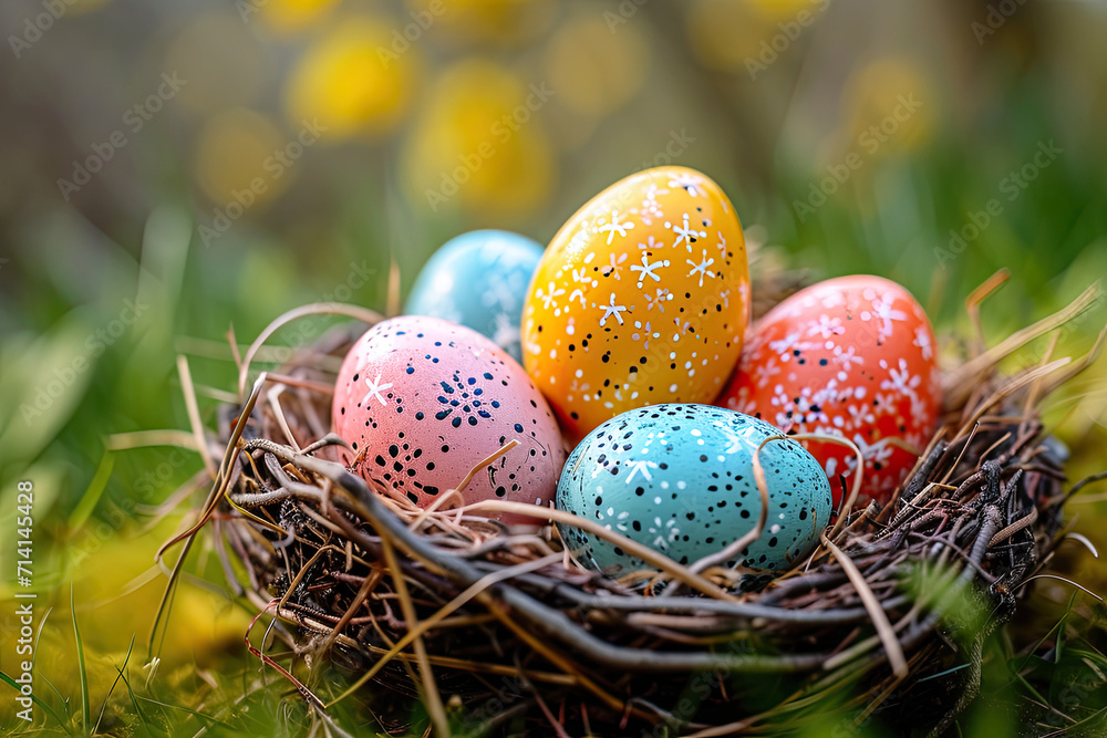 Colorful Easter Eggs in Grass and Nest for Holiday Celebration