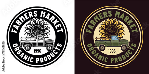 Farmers market vector emblem, badge, label with pickup car and sunflower in two styles black on white and colored