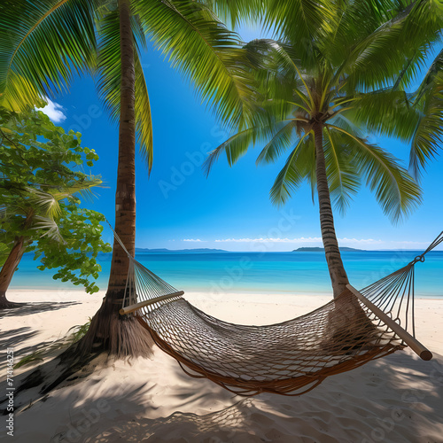 Tropical beach with palm trees and a hammock © Cao