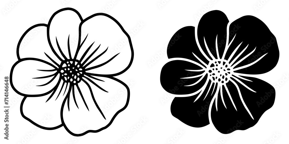A set of two black silhouettes of flowers isolated on a white background