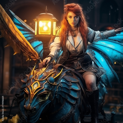 A young woman flies on a mechanical dragon with blue wings in a night city in steam pack style. AI generated