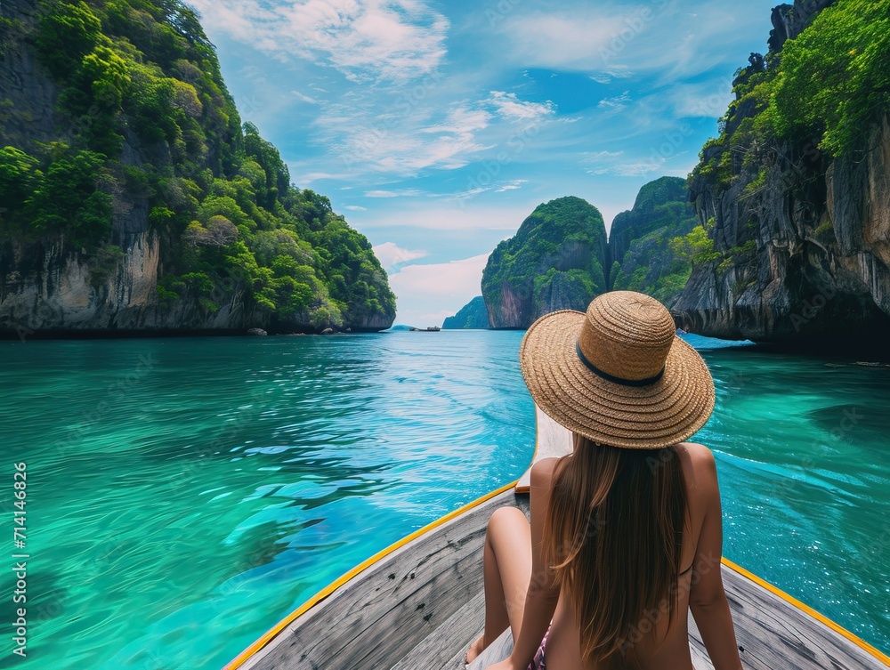A woman with straw hat on a boat outside an island resort in southern Thailand, in the style of photo-realistic landscapes, colorful animations