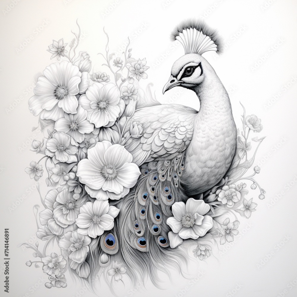 Fototapeta premium Pencil sketch nice white peacock paper flowers Generative AI