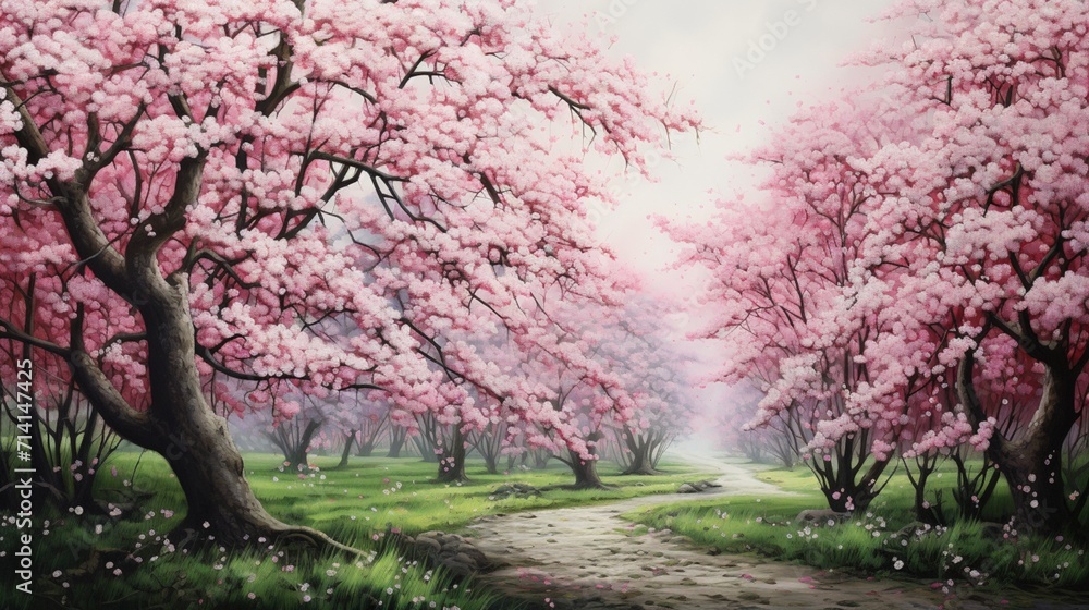 A super-detailed cherry blossom garden in full bloom, delicate pink flowers adorning the branches amidst vibrant green leaves - Generative AI