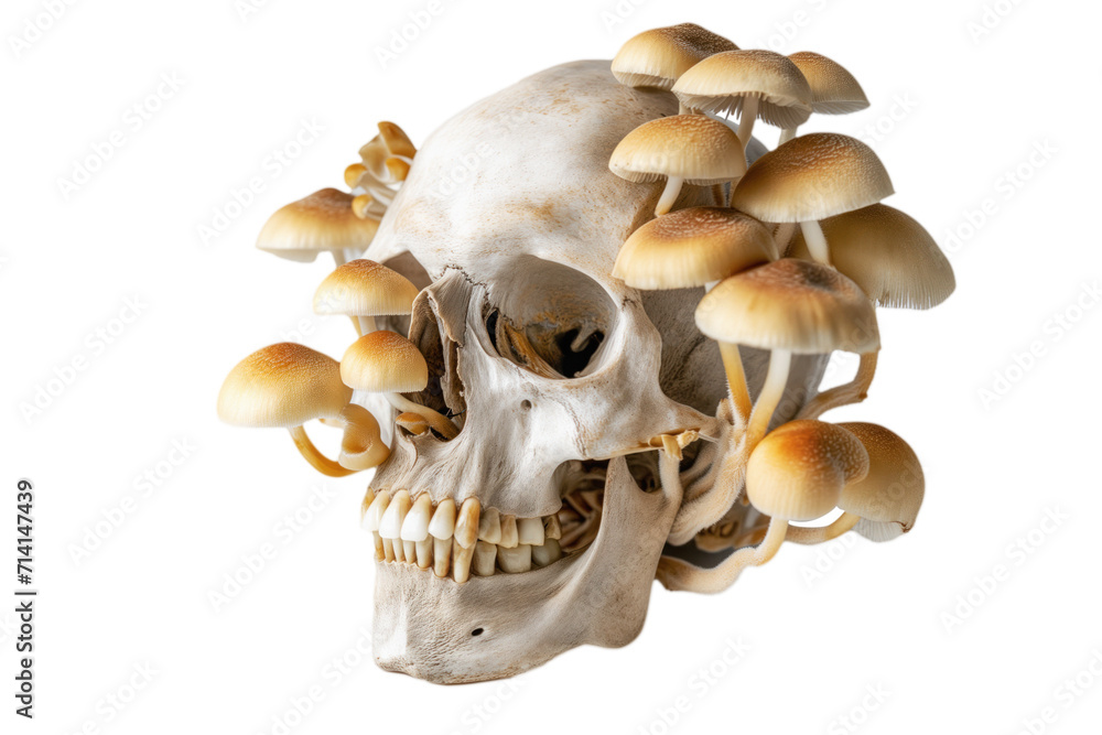 fungi mushrooms growing out of skull, on transparent background