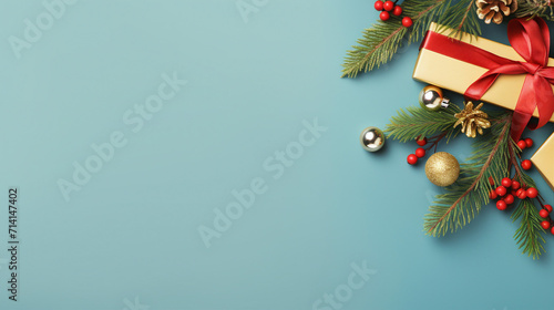 Magical Christmas Eve Scene with Giftbox, Ribbon Bow, and Festive Decor on Pastel Blue Background – Top View Vertical Photo for Promotional Content and Greeting Cards