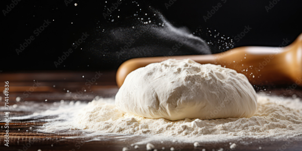 Homemade Bread Preparation, Freshly Baked Dough on Wooden Table - Rustic Pastry Chef Kneading Raw Dough with Flour. Homemade Bread Preparation, Freshly Baked Dough on Wooden Table - Rustic Pastry Chef Kneading Raw Dough with Flour.