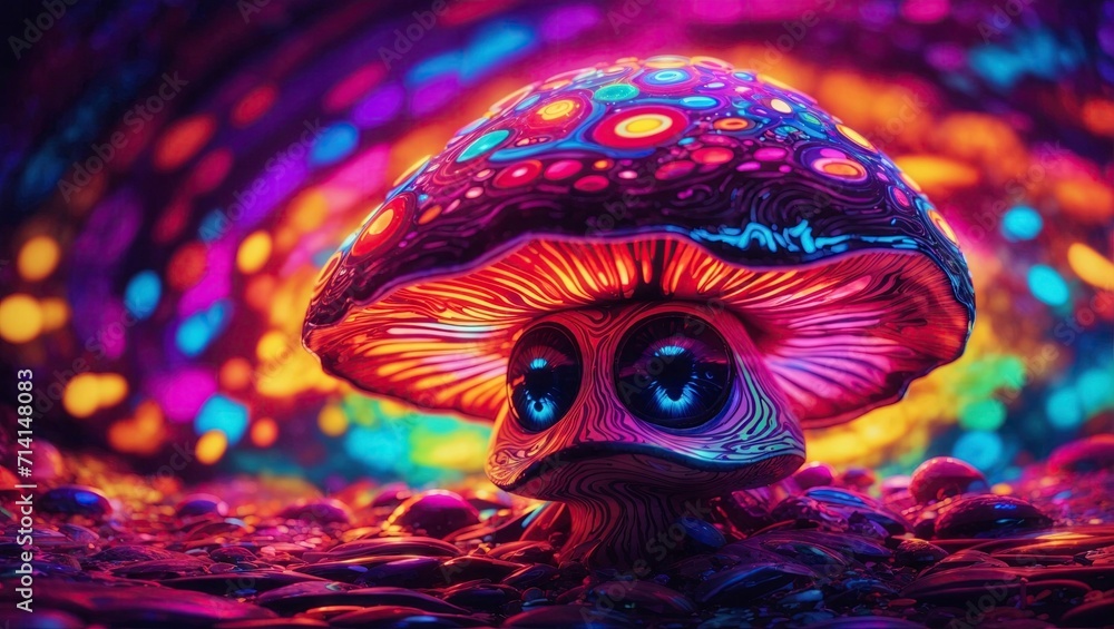 Obraz premium Mysterious psychedelic mushroom with glowing eyes and multicolored neon lights.