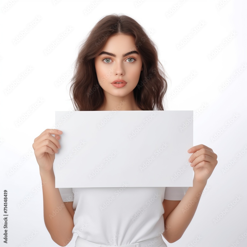 A photorealistic image of a young woman holding blank white banner isolated in white background A photorealistic image of a young woman holding blank white banner isolated in white background