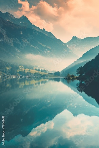Mountains and Lake Under Cloudy Sky