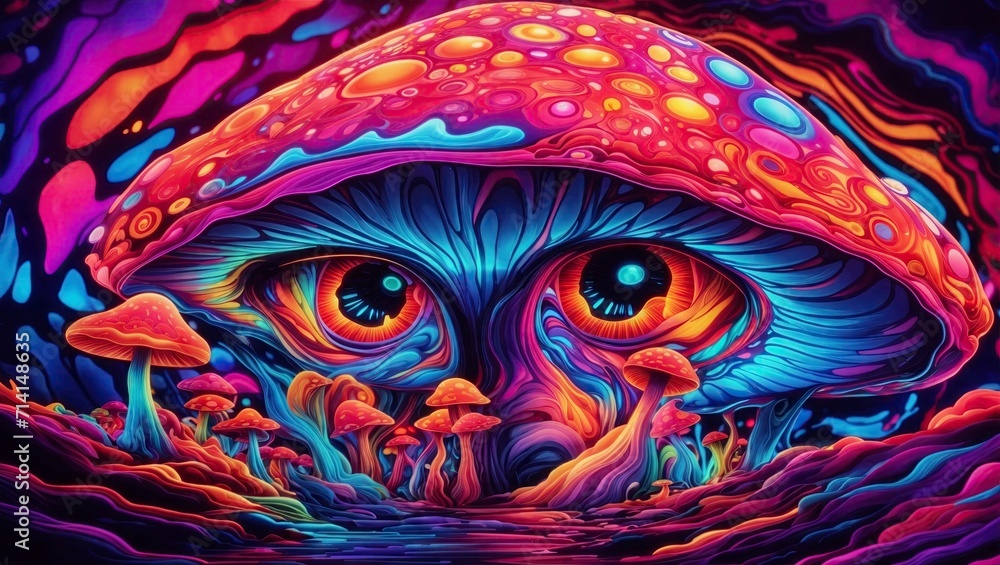 Mysterious psychedelic eyes in the form of a mushroom. Psychedelic surreal art.