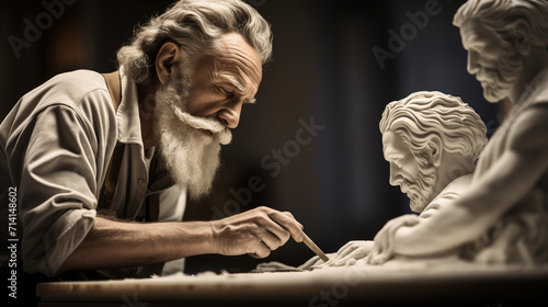 A compelling photo of a sculptor meticulously chiseling a masterpiece from marble, their dedication and the evolving form adding to the sense of artistry and craftsmanship.