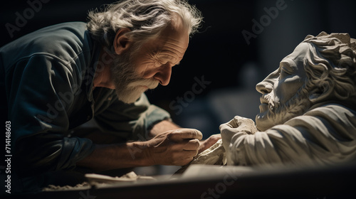 A compelling photo of a sculptor meticulously chiseling a masterpiece from marble, their dedication and the evolving form adding to the sense of artistry and craftsmanship.