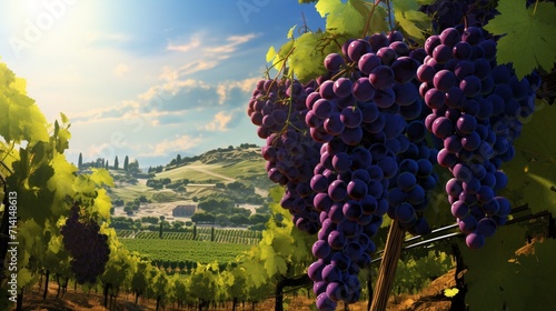A super-detailed vineyard at harvest time, rows of grapevines heavy with bunches of perfectly ripe, purple grapes, basking in the afternoon sun. - Generative AI