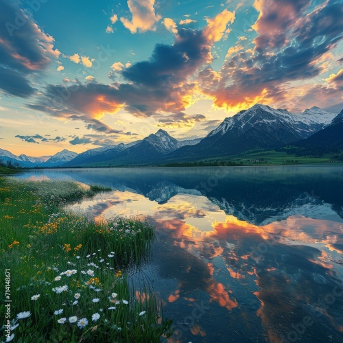 Majestic Sunset With Lake and Mountain Landscape