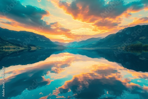 Majestic Sunset With Lake and Mountain Landscape