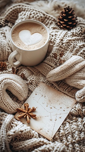 A soft, knitted blanket as the background, with a pair of woolen mittens, hot cocoa and a blank parchment valentine's card. Vertical orientation. 